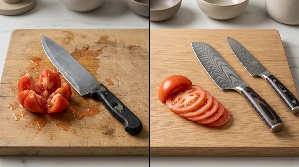 Küchenkompane premium knives versus typical blades: comparison graphic